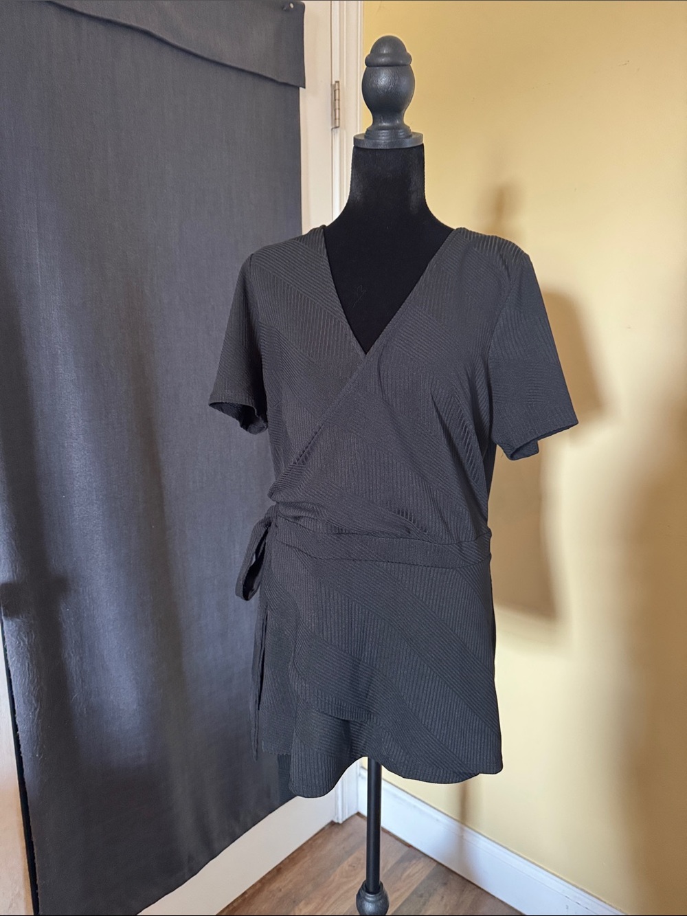 Black Short-Sleeve Wrap Tunic with Side Tie